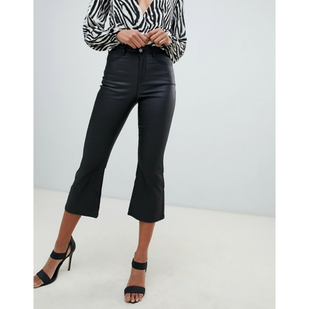 Black faux leather crop ankle kicker pants